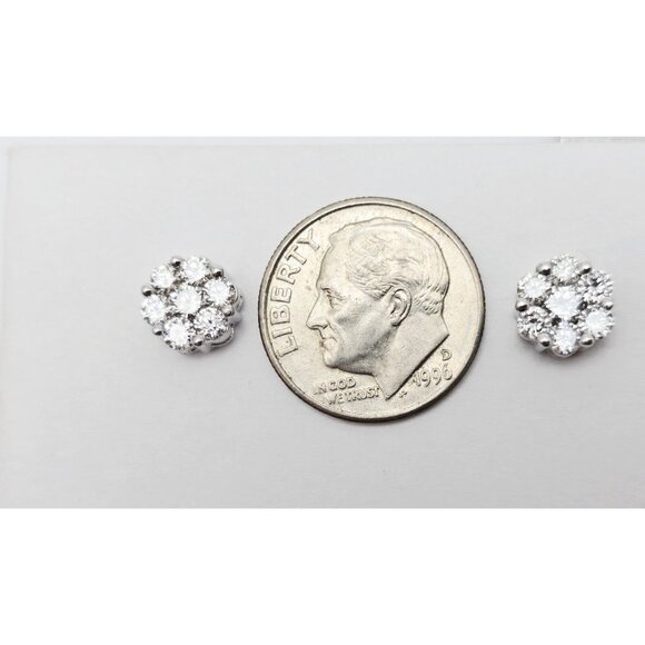 Beautiful 14K Solid White Gold Designer Round Cut Diamond Flower Stud Earrings - Picture 12 of 13